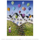 "Jungen mit Ballons". Bunte Ballons schweben über weißen Häusern, ein Kind hält die Schnüre. Unten Kalender: Juli in Zahlen und Tagen.