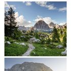 Kalendertext: Juli. Oben Kühe auf einer Wiese. Mitte Berglandschaft mit Weg. Unten Hütte vor Bergkulisse.