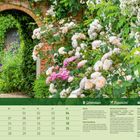 Kalenderblatt Juli, Gartentipps, Rezept "Warme Zucchinibrote", Saisonkalender. Rosen, bunte Blumen, Backsteinbogen.