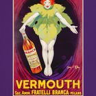 "VERMOUTH, FRATELLI BRANCA, 07" in gelber Schrift, grüne Figur mit rotem Haar neben einer Flasche. Kalenderblatt.
