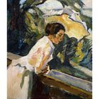 07 JULI. Ein Gemälde zeigt eine Frau, die sich über ein Geländer lehnt, umgeben von Bäumen und einem farbenfrohen Hintergrund.