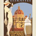 Eiskaffee, The Taste of Vienna, 07. Frau im Kleid genießt Eiskaffee vor Wiener Architektur; stilvolle Illustration.