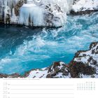Text: "Hraunfossar-Wasserfälle im Winter - Vesturland"
Kalenderansicht mit Datum 18.–24. Januar. Bild: Eis, Wasser.