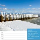 Zitat: "Richte deinen Fokus auf die Lösung und nicht auf das Problem." Kalender mit schneebedecktem Strand und Holzpfählen.