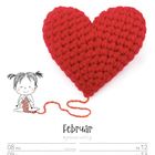 Februar Kalender mit gestricktem Herz. Illustration eines Mädchens strickt ein Herz mit rotem Garn.