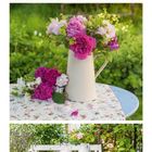 Kalender für Juli, Sonntage rot markiert. Dreiteilige Gartenszene mit Blumen in Vasen und blühenden Sträuchern.