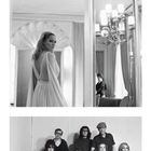 "URSULA ANDRESS", Kalender: Monat 7. Drei Schwarz-Weiß-Fotos von elegant gekleideten Personen. Retro-Stil.