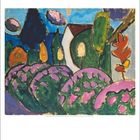 Juli Kalenderblatt, nummerierte Tage. Bunte Landschaft in einem expressionistischen Gemälde mit Hügeln und Bäumen.