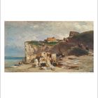 Auf Beige: "7 1 2 3 4 5 6 7 8 9 10 11 12 13 14 15 16 17 18 19 20 21 22 23 24 25 26 27 28 29 30 31". Gemälde: Küstenszene mit Personen.