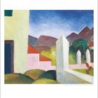 Unten steht die Zahl 7. Das Bild zeigt eine farbenfrohe Landschaft mit Bergen, Bäumen und Gebäuden vor einem blauen Himmel.