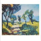 Text: "7" und Zahlenreihe darunter. Illustration: Bäume und Pfad in sommerlicher Landschaft, impressionistischer Stil.