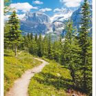 Kalenderseite für Juli 2027. Ein Wanderweg führt durch einen Wald vor schneebedeckten Bergen und blauem Himmel.