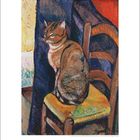 Nummer: 7. Kalenderdaten darunter. Malerei einer Katze auf einem Stuhl mit bunter, kontrastreicher Umgebung.