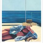 Kalenderblatt mit "7". Illustration: Eine Person in Badeanzug und Strohhut liegt entspannt an Bord eines Bootes am Meer.