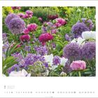 Kalenderblatt für Juli 2027 mit lila und pinken Blumen in einem üppigen Garten.