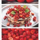 Juli, Kalender mit Bildern: Oben Tomaten, Mitte eine Beerentorte, unten Erdbeeren.