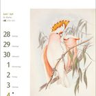 Text links: Datum vom 28. Juni bis 4. Juli, Wochentage. Rechts: Zwei rosa-weiße Inkakakadus auf einem Ast, Illustration.