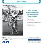 Text: "Sport & Freizeit. Wer wurde Radweltmeister der Amateure und Profis? a) Rudi Altig b) Hennes Junkermann c) Täve Schur." Darunter steht "März 18, Donnerstag." Links zeigt ein Schwarzweißbild einen Radfahrer im Wettkampf.