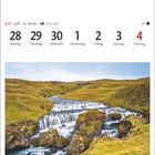 Text zeigt Kalenderdaten vom 28. Juni bis 4. Juli. Darunter ein Wasserfall in grüner Landschaft, beschriftet "Hestavaðsfoss in Rangárþing eystra".