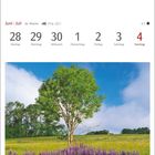Kalenderseite mit Datum 28. Juni bis 4. Juli. Darunter blühende Wiese mit Baum im Fokus.