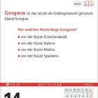 "Recht. Gorgona ist das letzte als Gefängnisinsel genutzte Eiland Europas. Vor welcher Küste liegt Gorgona? Griechenland, Italien, Malta, Spanien. Freitag, 14. Januar." Kalenderblatt mit Waage-Logo.
