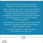 Eine Mutter fragt den Psychiater nach ihrer 13-jährigen Tochter. Der Witz endet damit, dass der Psychiater auf ihr Alter hinweist. Unten steht "9 März · Dienstag" mit einem Smiley-Logo.
