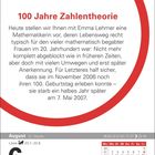 "100 Jahre Zahlentheorie" über Emma Lehmer. August, Löwe, 6, Freitag. Kalender mit Tageszeiten und Datumstabelle unten.