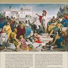 DEMOKRATIE. Text über Geburt der Demokratie und Einfluss Griechenlands. Illustration antikes Athen; Menschenversammlung.