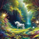 "40 Lemurien-Energie." Eine fantasievolle Landschaft mit schimmernden Kuppeln, bunten Pflanzen und Wasserfällen.