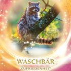 „Waschbär Zufriedenheit“ steht über einem Waschbären auf einem Ast, umgeben von farbigen Licht- und Funkeneffekten.