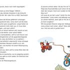 Zwei Illustrationen: Links ein rotes Feuerwehrfahrrad mit Fahrer im Helikoptermodus. Rechts ein Kind auf einem Fahrrad, das über ein Seil fährt.