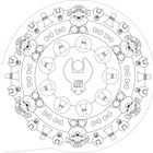 Illustration eines Mandalas mit Hunden in Bauhelmen, Werkzeugen, Pylonen und Knochen in kreisförmigen Mustern.