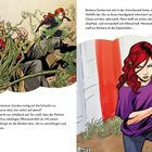 Links: Mann in Ranken gewickelt, Frau lacht. Rechts: Frau mit rotem Haar sendet Nachricht. Comic-Stil.