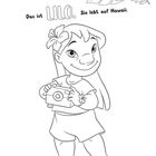 Das ist Lilo. Sie lebt auf Hawaii. Kind mit Kamera, Blume im Haar, lächelnd. Illustration im Hawaii-Stil.