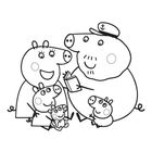 Illustration: Eine fröhliche Schweinefamilie sitzt beisammen, ein Schwein trägt eine Kapitänsmütze und hält ein Buch.