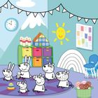 Uhr zeigt 9:00, farbenfrohes Klassenzimmer mit lachender Sonne, Tieren auf Teppich und bunten Spielzeugkörben.