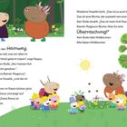 Illustration von bunten Tieren und einer Lehrerin in einem Wald. Texte erzählen über Bienen-Ragwurz und Wildblumen.