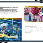 Links oben: Spark, Coop und Mac beobachten durch ein Fenster Chaos in der Stadt. Zwei farbenfrohe Illustrationen unten.