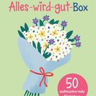 "Die kleine Alles-wird-gut-Box", "50 aufmunternde Kärtchen". Illustration eines Blumenstraußes auf grünem Hintergrund.