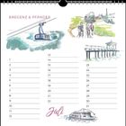 "Bregenz & Pfänder" oben; "Juli" unten. Illustrationen einer Seilbahn, Wanderer, einem Pier und einem Schiff daneben.