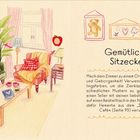 Gemütliche Sitzecke: Raum mit Sessel, Sofa, Tisch, Pflanzen, Vorhängen. Bunte Illustrationen von Sternen, Bär, Herz, Blume an der Wand.