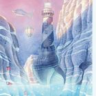 Eine Illustration zeigt einen Leuchtturm zwischen Felsen, einen Hai in der Luft, einen Heißluftballon und Seesterne im Wasser.