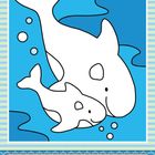 "Der junge Wal taucht tief ins Meer, mit Mama fällt ihm gar nichts schwer." Illustration von zwei Walen im Wasser.
