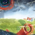 Text beschreibt stürmischen Himmel, Wolken, und Wikinger. Illustration zeigt Gewitterwolken über Häusern und Landschaft.
