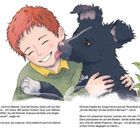 Als ich aufwachte, roch ich Bäume. Ein Junge lacht freudig, während ein Hund ihm das Gesicht ableckt. Eine Pflanze ist sichtbar.