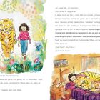 Texte beschreiben eine Nacht mit Mia und Rajah. Illustration zeigt Mia mit einem Tiger im Garten und im Bett.
