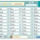 "Meine Blitz Lesekarte", "Einsilbige Wörter". Liste mit Wörtern wie Ball, Hand, Luft. Abschnitt für Name und Bestzeit.