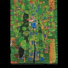 "Singender Vogel auf einem Baum in der Stadt". Bunte, abstrakte Illustration mit grünem Baum und Vogel.