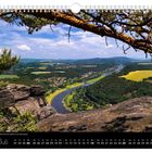 Text: "Juli, Prossen und Bad Schandau, idyllisch an der Elbe gelegen." Flusslandschaft mit Felsen und Bäumen im Vordergrund.