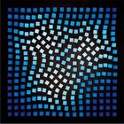 Ein Raster aus blauen Quadraten auf schwarzem Hintergrund erzeugt einen wirbelnden 3D-Illusionseffekt.